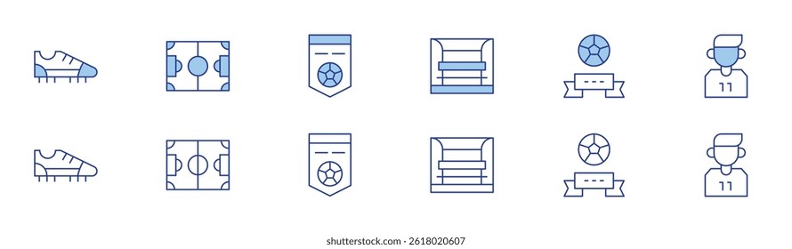 Football icon set in two styles, Duotone and Thin Line style. Editable stroke. bench, boots, badge, football field player, soccer.