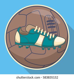 Football icon. Soccer ball with blue boot on brown background. Sports inventory. 