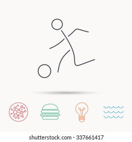 Football icon. Soccer sport sign. Team goal game symbol. Global connect network, ocean wave and burger icons. Lightbulb lamp symbol.