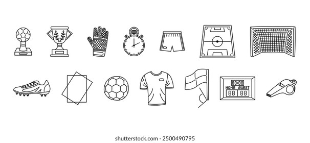 Icono de fútbol. Vector conjunto de iconos de fútbol en estilo de línea en blanco y negro, incluyendo trofeos, equipo, campo y equipo de árbitro.