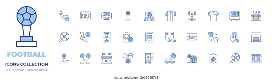 Football icons collection. Line Duotone style, editable stroke. soccer, vs, podium, american football, football field