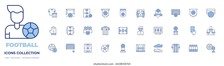 Football icons collection. Line Duotone style, editable stroke. football field, trophy, bench, football boots, referee
