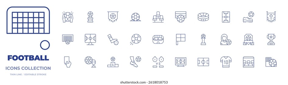 Football icons collection. Thin Line icons, editable stroke. goalie, vs, soccer, red card, seat, team bench, goal, stadium