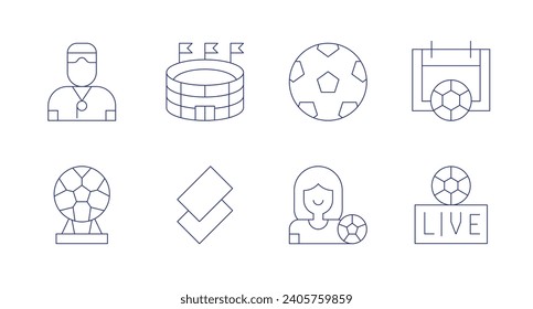 Football icons. Editable stroke. Containing coach, soccer ball, football, football player, hockey, card.