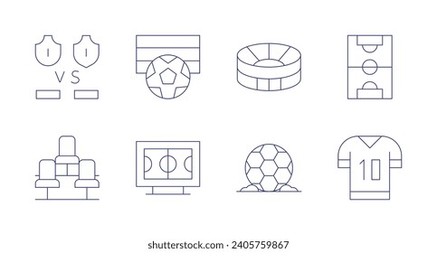 Iconos de fútbol. Trazo editable. Conteniendo vs, asiento, fútbol, fútbol, campo de fútbol, camiseta de fútbol, campo de fútbol.