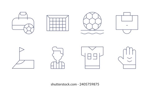 Football icons. Editable stroke. Containing goalkeeper, area, sport bag, soccer, football referee, goal, uniform.