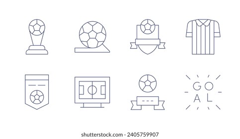 Fußballsymbole. Bearbeitbarer Strich. Mit Trophäe, Fußball, Fußball, Badge, Fußball-Badge, Schiedsrichter, Tor.