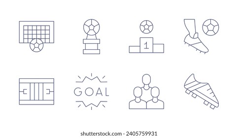 Football icons. Editable stroke. Containing goal, american football, football award, podium, football team, soccer, footwear.