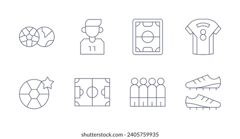 Football icons. Editable stroke. Containing world, football, player, field, barrier, jersey, football boots.