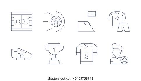 Football icons. Editable stroke. Containing shot, football uniform, field, player, football shoes, angle, american football, trophy.