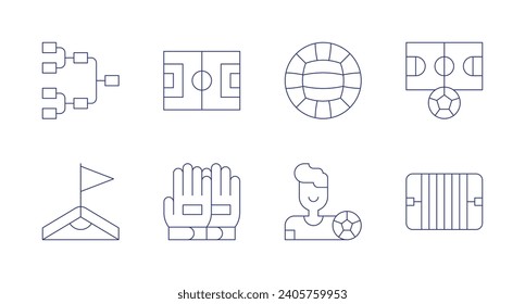 Football icons. Editable stroke. Containing sport, tournament, field, corner, field, player, football gloves, gaelic football.