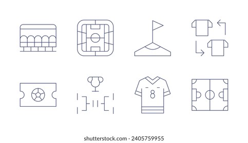 Football icons. Editable stroke. Containing bench, soccer, football, football field, angle, football jersey, soccer field, tournament.