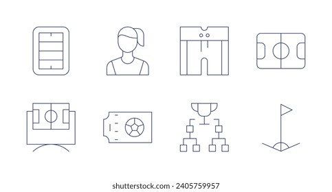 Football icons. Editable stroke. Containing stadium, football, football flag, shorts, tournament, soccer player, ticket, soccer field.