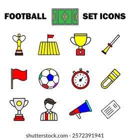 Football icons including trophies, stadium, red flag, soccer ball, stopwatch, referee, whistle, megaphone, and game field. Flat colorful illustration set on a white background. Sports and competition