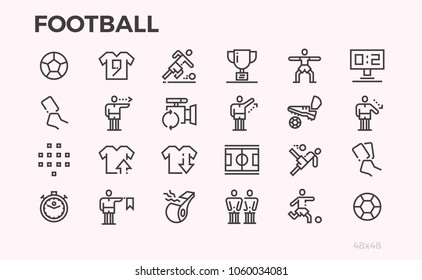 Football icons. Football players and equipment, rules for the game. Russia 2018. Ball, field, referee and other symbols. Editable line. Pixel Perfect.