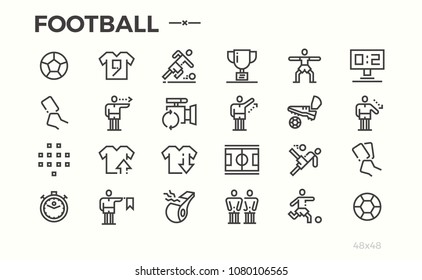 Football icons. Football players and equipment, soccer game. Ball, field, referee and other symbols. Not editable line. 48x48.