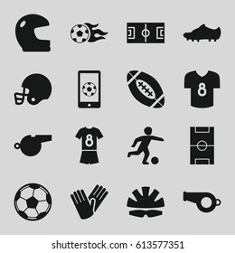 Football icons set. set of 16 football filled icons such as gloves, helmet, whistle, soccer trainers