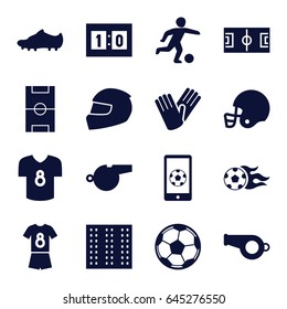 Football icons set. set of 16 football filled icons such as field, gloves, sport score, helmet, whistle, soccer trainers