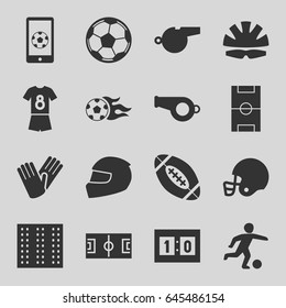 Football icons set. set of 16 football filled icons such as field, gloves, sport score, helmet, whistle