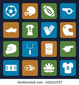 Football icons set. set of 16 football filled icons such as gloves, goal post, helmet, whistle, soccer trainers