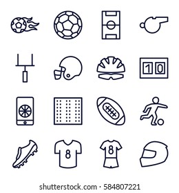 football icons set. Set of 16 football outline icons such as field, goal post, sport score, helmet, whistle, soccer trainers