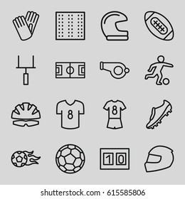 Football icons set. set of 16 football outline icons such as field, gloves, goal post, sport score, helmet, soccer trainers, fotball