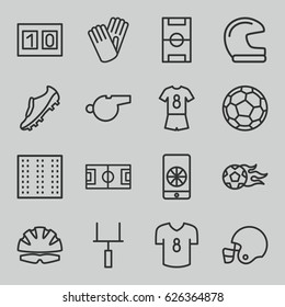 Football icons set. set of 16 football outline icons such as field, gloves, goal post, sport score, helmet, whistle, soccer trainers