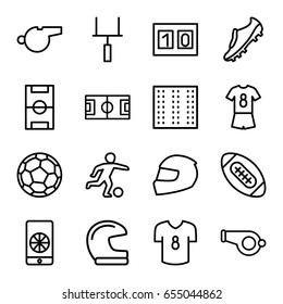 Football icons set. set of 16 football outline icons such as field, goal post, sport score, helmet, whistle, soccer trainers