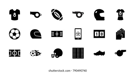 Football icons. set of 18 editable filled football icons: field, helmet, whistle, sport score, soccer trainers, fotball