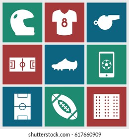 Football icons set. set of 9 football filled icons such as field, whistle, soccer trainers
