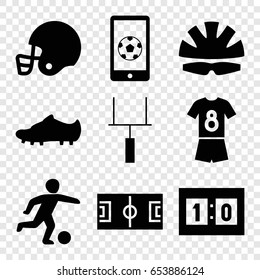 Football icons set. set of 9 football filled icons such as goal post, sport score, helmet