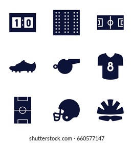 Football icons set. set of 9 football filled icons such as field, sport score, helmet, whistle