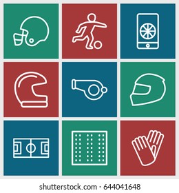 Football icons set. set of 9 football outline icons such as field, gloves, helmet