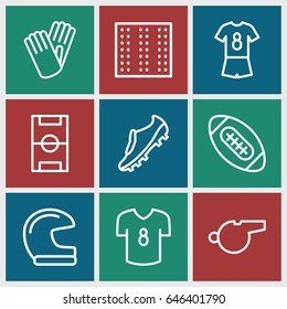 Football icons set. set of 9 football outline icons such as field, gloves, whistle, soccer trainers