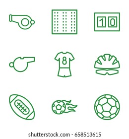 Football icons set. set of 9 football outline icons such as field, sport score, helmet, whistle