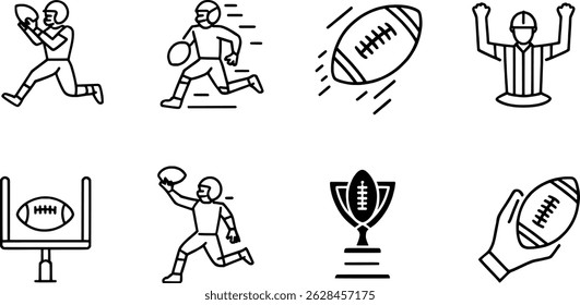 Football icons set depicting players actions field goals and championship trophy
