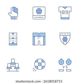 Football icons set. Line Duotone style, editable stroke. vs, football, shorts, uniform, soccer, football gloves, seat, badge.