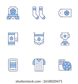 Football icons set. Line Duotone style, editable stroke. football team, referee,, football cup, badge, ticket, stadium, socks.