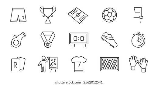 Football icons set. Soccer line icons. Ball, field, trophy, medal, whistle, cards. Vector minimalistic illustration.