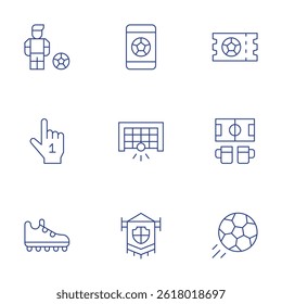 Football icons set. Thin Line style, editable stroke. soccer, number one, shoe, football, football flag, ticket.