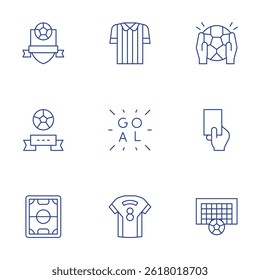 Football icons set. Thin Line style, editable stroke. goalie, red card, goal, football field, badge, football badge, referee, jersey.