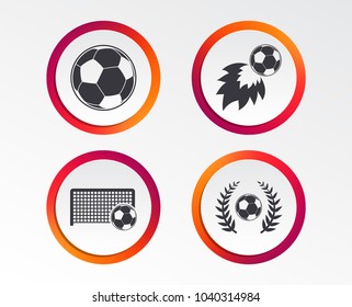 Football icons. Soccer ball sport sign. Goalkeeper gate symbol. Winner award laurel wreath. Goalscorer fireball. Infographic design buttons. Circle templates. Vector