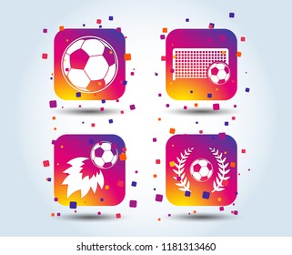 Football icons. Soccer ball sport sign. Goalkeeper gate symbol. Winner award laurel wreath. Goalscorer fireball. Colour gradient square buttons. Flat design concept. Vector