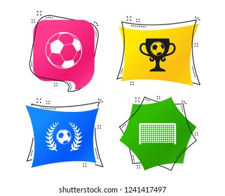 Football icons. Soccer ball sport sign. Goalkeeper gate symbol. Winner award cup and laurel wreath. Geometric colorful tags. Banners with flat icons. Trendy design. Vector