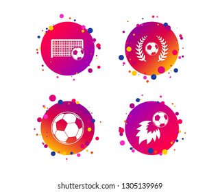 Football icons. Soccer ball sport sign. Goalkeeper gate symbol. Winner award laurel wreath. Goalscorer fireball. Gradient circle buttons with icons. Random dots design. Vector