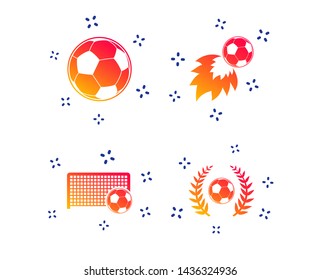 Football icons. Soccer ball sport sign. Goalkeeper gate symbol. Winner award laurel wreath. Goalscorer fireball. Random dynamic shapes. Gradient football icon. Vector