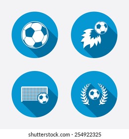 Football icons. Soccer ball sport sign. Goalkeeper gate symbol. Winner award laurel wreath. Goalscorer fireball. Circle concept web buttons. Vector