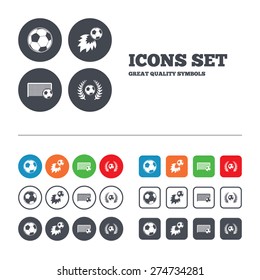 Football icons. Soccer ball sport sign. Goalkeeper gate symbol. Winner award laurel wreath. Goalscorer fireball. Web buttons set. Circles and squares templates. Vector