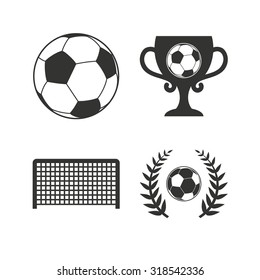 Football icons. Soccer ball sport sign. Goalkeeper gate symbol. Winner award cup and laurel wreath. Flat icons on white. Vector