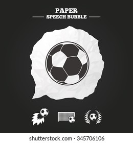 Football icons. Soccer ball sport sign. Goalkeeper gate symbol. Winner award laurel wreath. Goalscorer fireball. Paper speech bubble with icon.